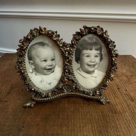 Vintage Rubbed Brass Tone Double Frame Table Top 3” x 3” - Picture 1 of 7